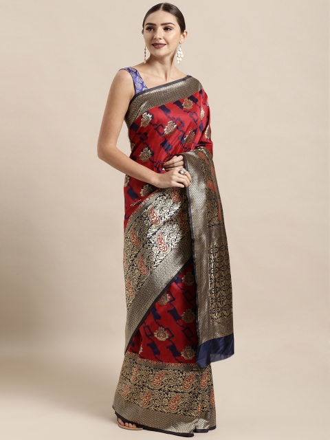 

Satrani Red & Golden Poly Silk Woven Design Kanjeevaram Saree