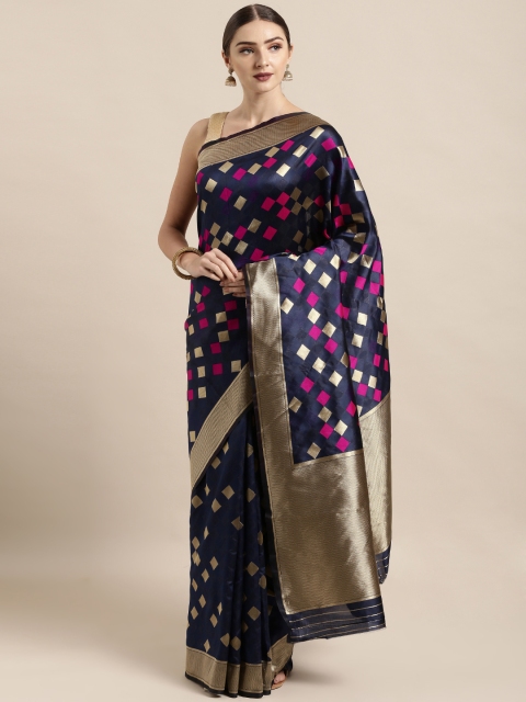 

Satrani Navy Blue & Golden Poly Silk Woven Design Kanjeevaram Saree