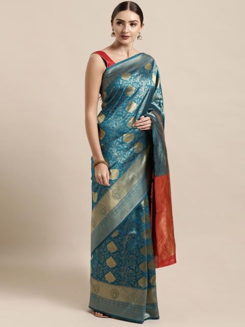 

Satrani Teal Blue & Golden Poly Silk Woven Design Kanjeevaram Saree