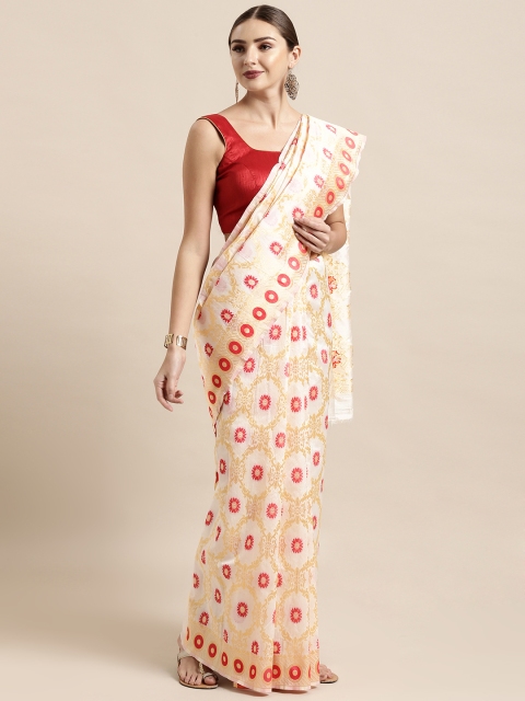 

Satrani White & Gold-Toned Poly Silk Woven Design Kanjeevaram Saree