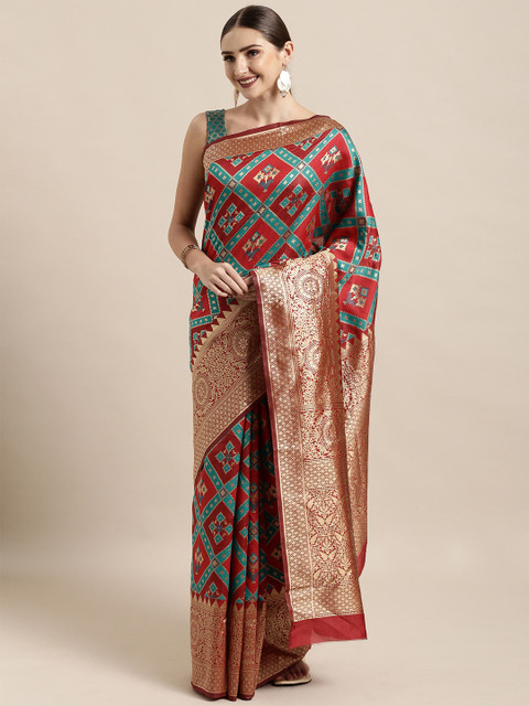 

Satrani Maroon & Teal Poly Silk Woven Design Kanjeevaram Saree