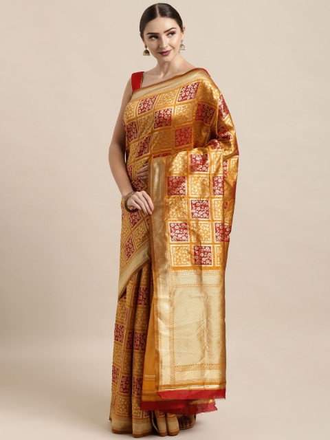 

Satrani Mustard & Maroon Poly Silk Woven Design Kanjeevaram Saree