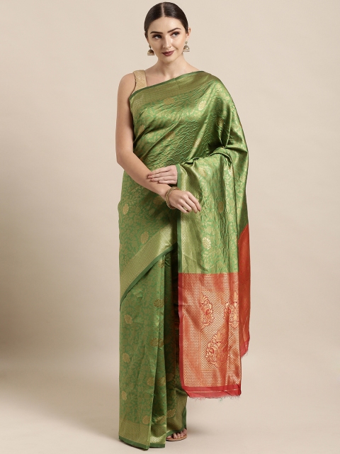 

Satrani Green & Golden Poly Silk Woven Design Kanjeevaram Saree