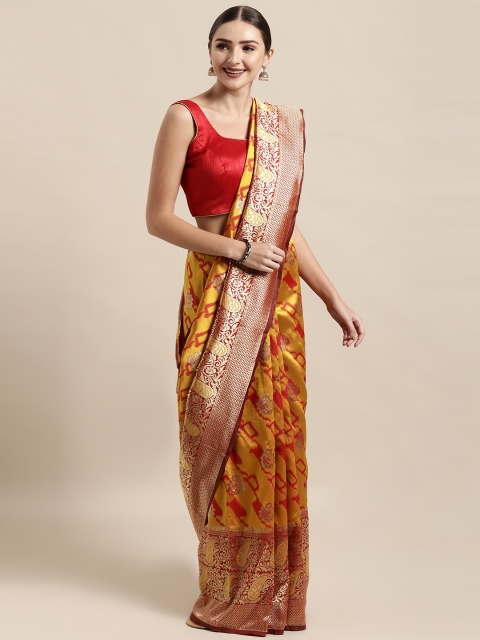 

Satrani Mustard Yellow & Red Poly Silk Woven Design Kanjeevaram Saree