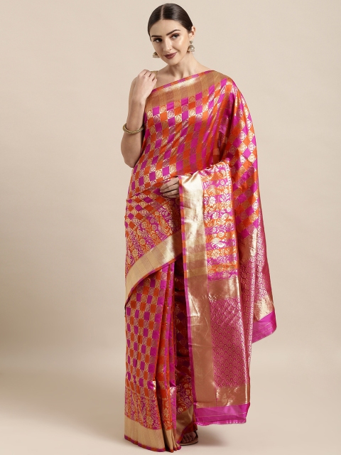 

Satrani Pink & Golden Poly Silk Checked Kanjeevaram Saree