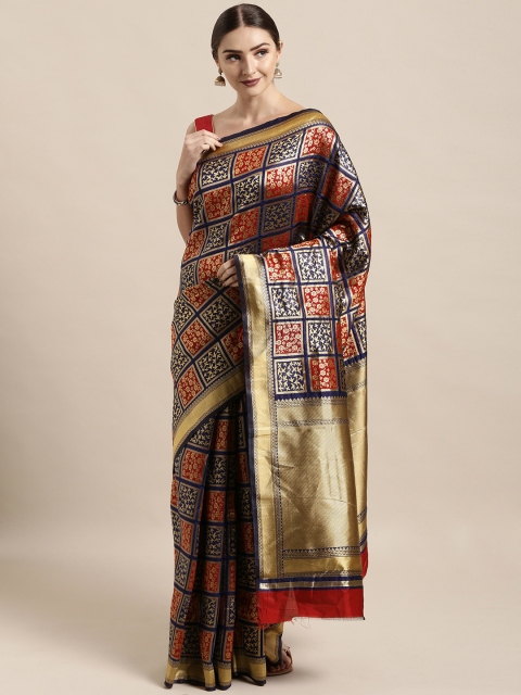 

Satrani Navy Blue & Maroon Poly Silk Woven Design Kanjeevaram Saree