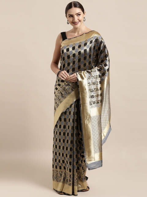 

KALINI Grey & Black Poly Silk Checked Kanjeevaram Saree