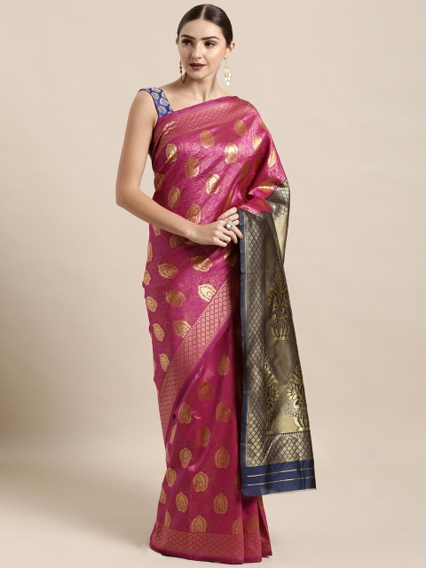 

Satrani Pink & Gold-Toned Poly Silk Woven Design Kanjeevaram Saree