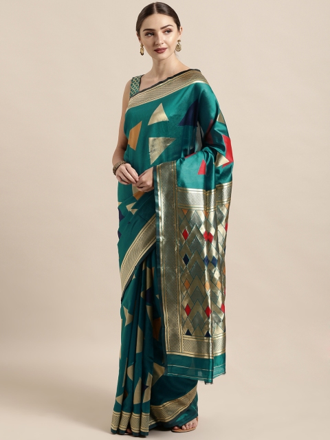 

Satrani Teal Green & Navy Blue Poly Silk Woven Design Kanjeevaram Saree