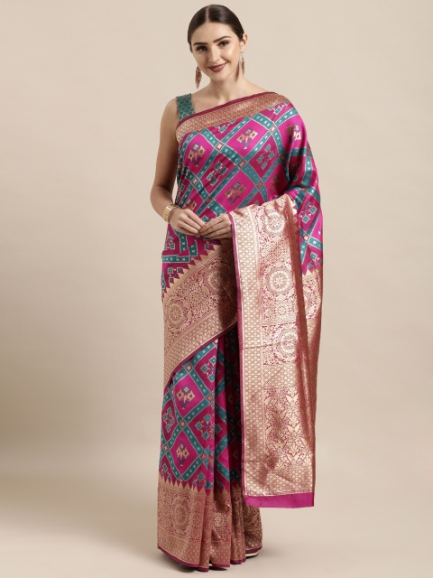 

Satrani Teal & Pink Poly Silk Woven Design Kanjeevaram Saree