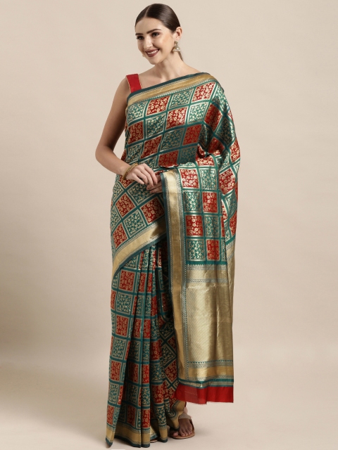 

Satrani Teal Green & Maroon Poly Silk Woven Design Kanjeevaram Saree