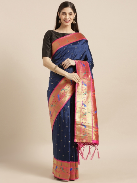 

Varkala Silk Sarees Navy Blue & Pink Silk Blend Woven Design Paithani Saree