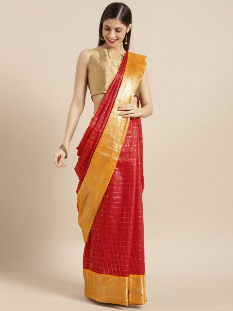 

Varkala Silk Sarees Red & Yellow Cotton Blend Checked Kanjeevaram Saree