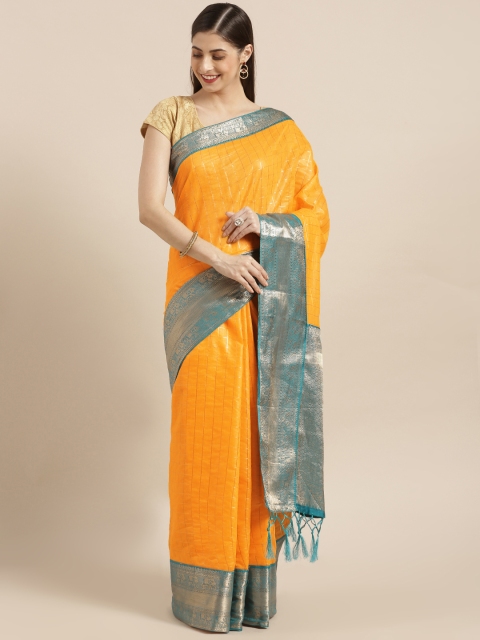 

Varkala Silk Sarees Yellow & Teal Blue Cotton Blend Checked Kanjeevaram Saree