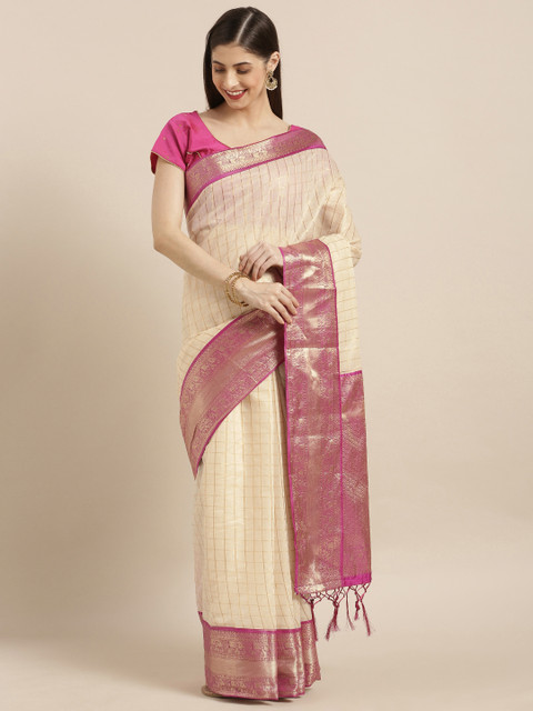

Varkala Silk Sarees Off-White & Pink Cotton Blend Checked Kanjeevaram Saree