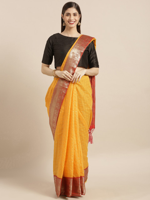 

Varkala Silk Sarees Yellow Cotton Blend Checked Kanjeevaram Saree