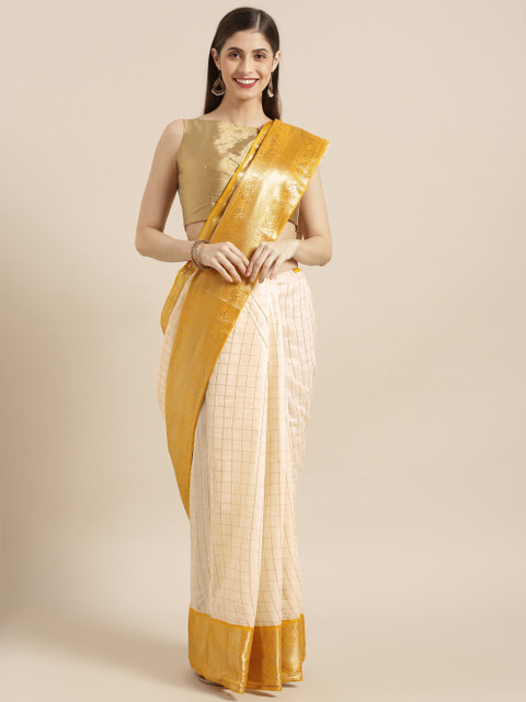 

Varkala Silk Sarees Off-White & Gold-Coloured Cotton Blend Checked Kanjeevaram Saree