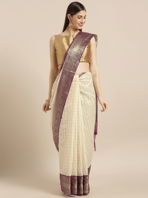 

Varkala Silk Sarees Cream-Coloured Cotton Blend Woven Design Kanjeevaram Saree