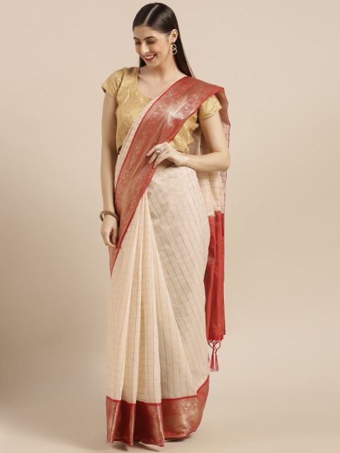

Varkala Silk Sarees Off-White & Red Cotton Blend Checked Kanjeevaram Saree
