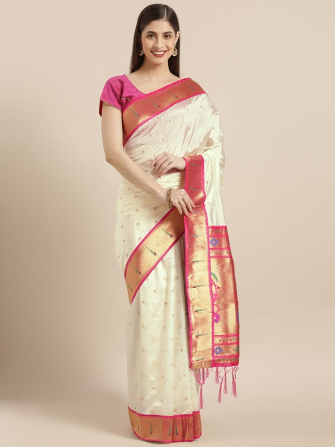 

Varkala Silk Sarees Cream-Coloured Silk Blend Woven Design Paithani Saree