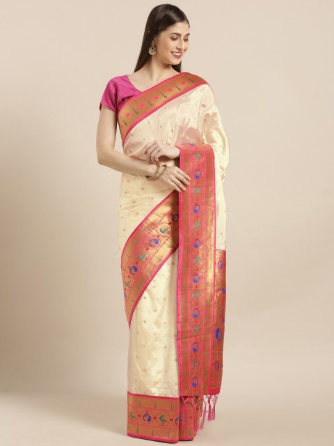 

Varkala Silk Sarees Off-White & Pink Silk Blend Woven Design Paithani Saree