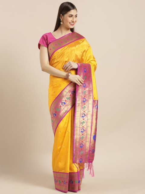 

Varkala Silk Sarees Gold-Toned & Pink Silk Blend Woven Design Paithani Saree
