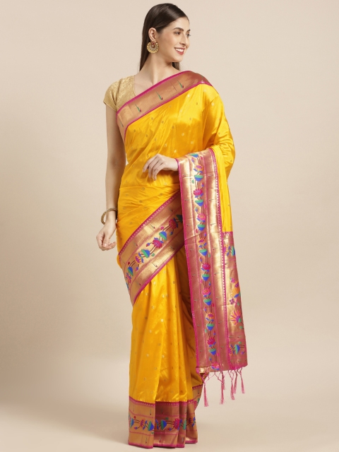 

Varkala Silk Sarees Mustard Yellow & Pink Silk Blend Woven Design Paithani Saree