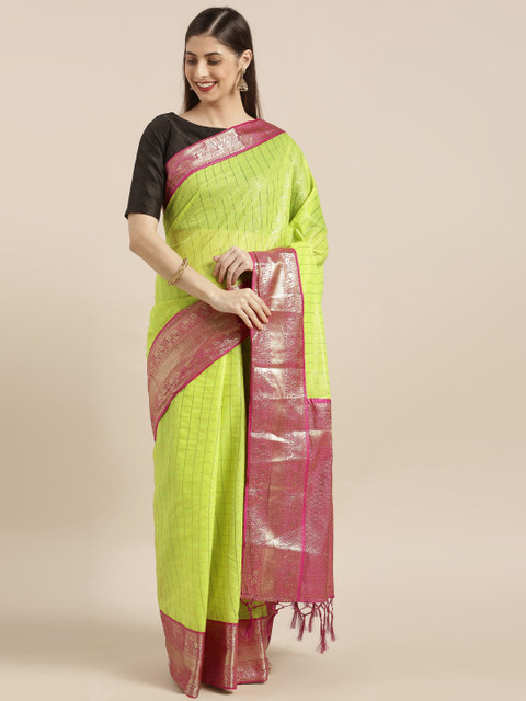 

Varkala Silk Sarees Fluorescent Green & Pink Cotton Blend Checked Kanjeevaram Saree