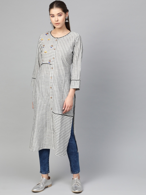 

Jompers Women Grey & White Striped Straight Kurta