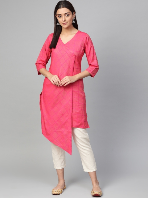 

Jompers Women Pink & Yellow Woven Design Asymmetric Kurta