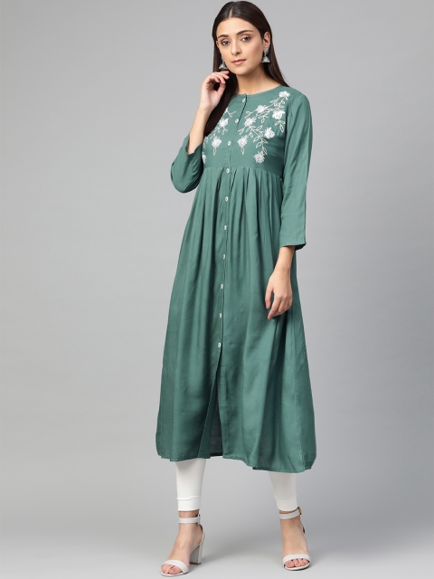 

Jompers Women Green & White Yoke Design A-Line Kurta
