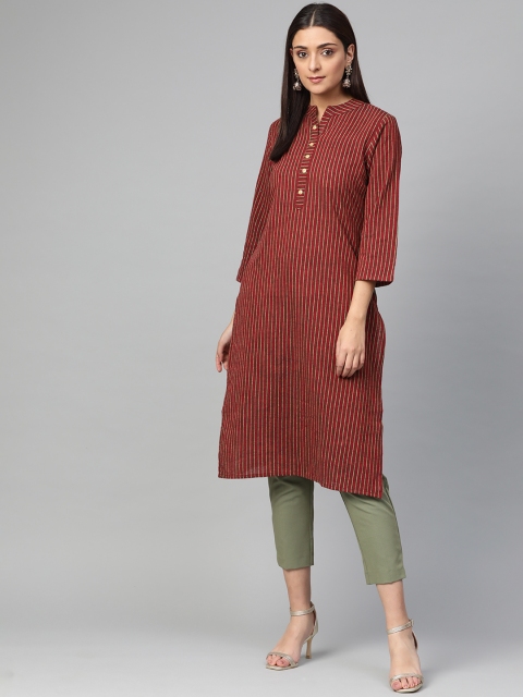 

Jompers Women Maroon & Green Striped Straight Kurta