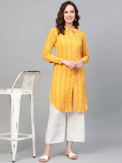 

Jompers Women Yellow & Off-White Striped Pathani Kurta