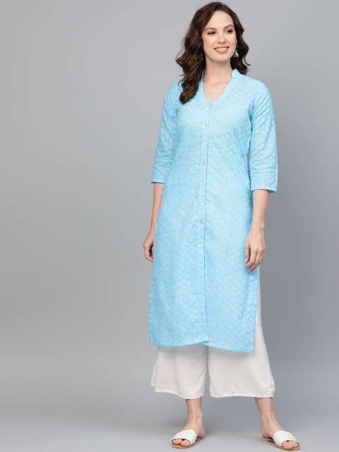 

Jompers Women Blue Chikankari Embroidered Straight Kurta