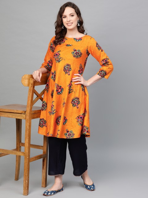 

Jompers Women Orange & Navy Blue Printed A-Line Kurta