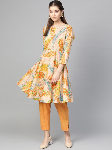 

Jompers Women Cream-Coloured & Orange Floral Print A-Line Kurta