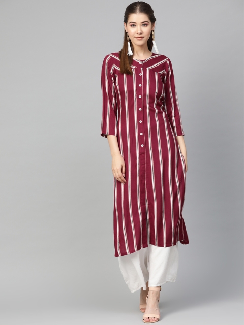 

Jompers Women Maroon & Off-White Striped Straight Kurta