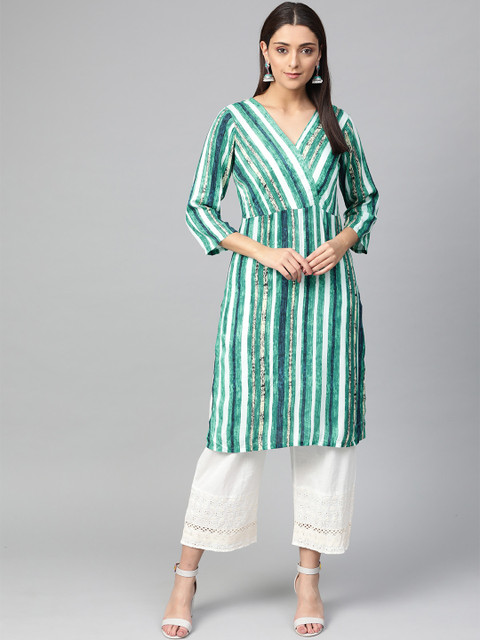 

Jompers Women Green & Off-White Striped Straight Kurta