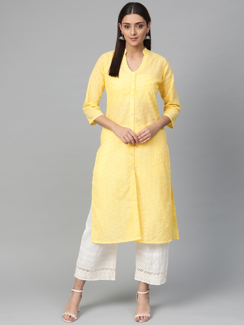 

Jompers Women Yellow Embroidered Semi-Sheer Straight Kurta