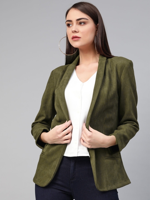 

Zima Leto Women Olive Green Suede Finish Solid Casual Blazer