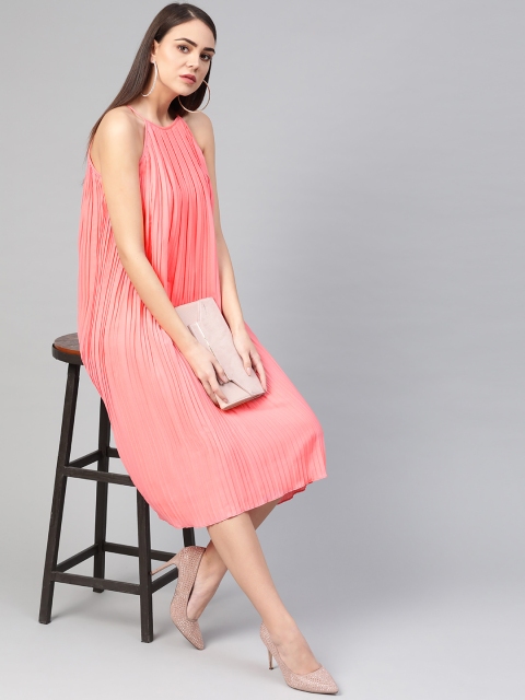 

Zima Leto Women Coral Pink Accordion Pleat Solid A-Line Dress