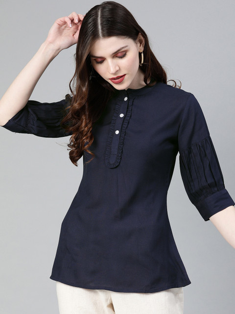 

Yufta Women Navy Blue Solid Top With Pleated Sleeves
