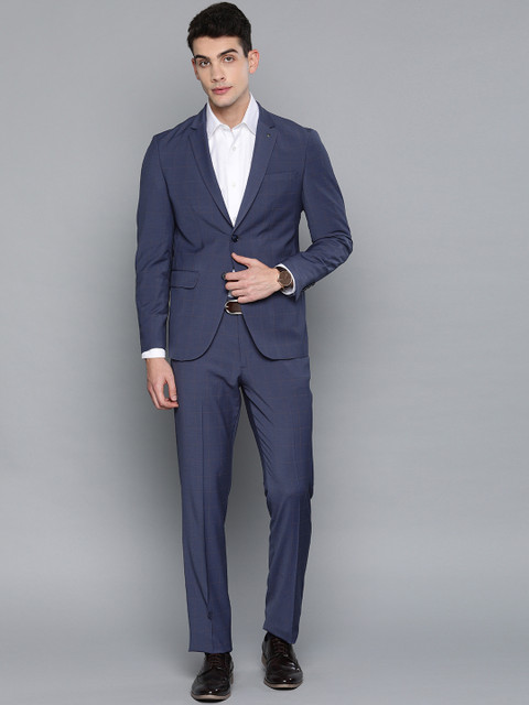 

Louis Philippe Men Navy Blue & Mustard Yellow Checked Slim Fit Single-Breasted Formal Suit