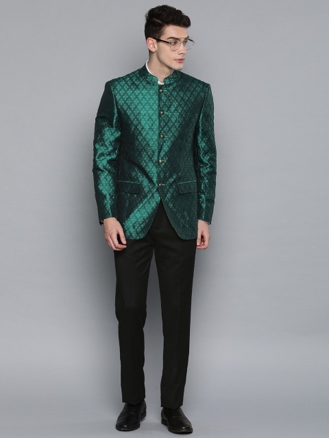 

Louis Philippe Men Green & Black Woven Design Regular Fit Bandhgala Suit