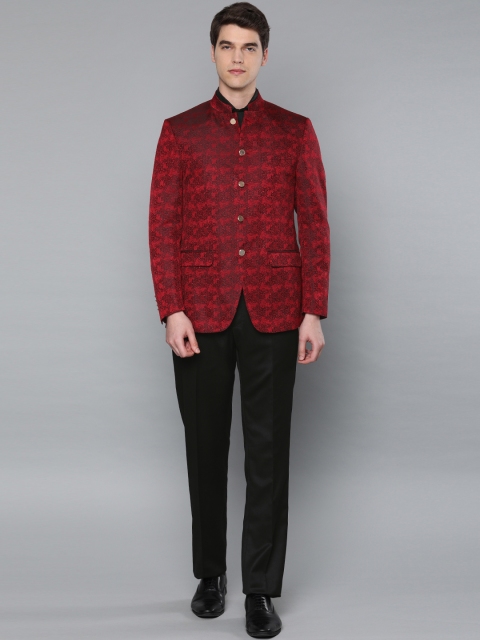 

Louis Philippe Men Red & Black Self-Design Regular fit Bandgala Suit, Maroon