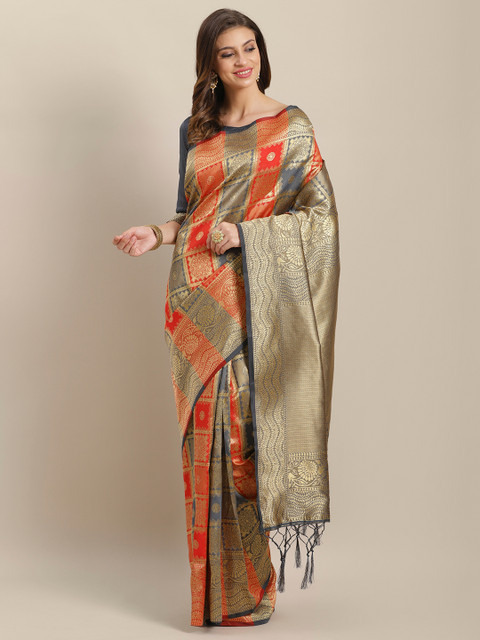 

Saree mall Grey & Red Woven Design Banarasi Saree