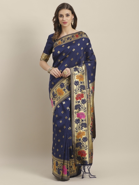 

Saree mall Navy Blue & Gold-Toned Silk Blend Woven Design Banarasi Saree