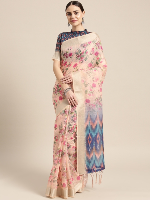 

Saree mall Peach-Coloured & Pink Linen Blend Printed Saree