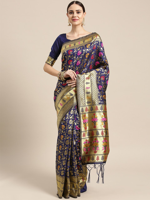 

Saree mall Navy Blue & Golden Woven Design Banarasi Saree