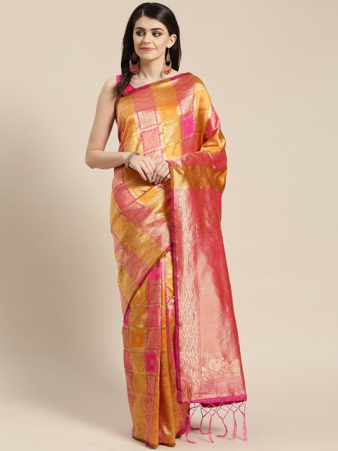 

Saree mall Yellow & Pink Self Checked Banarasi Saree